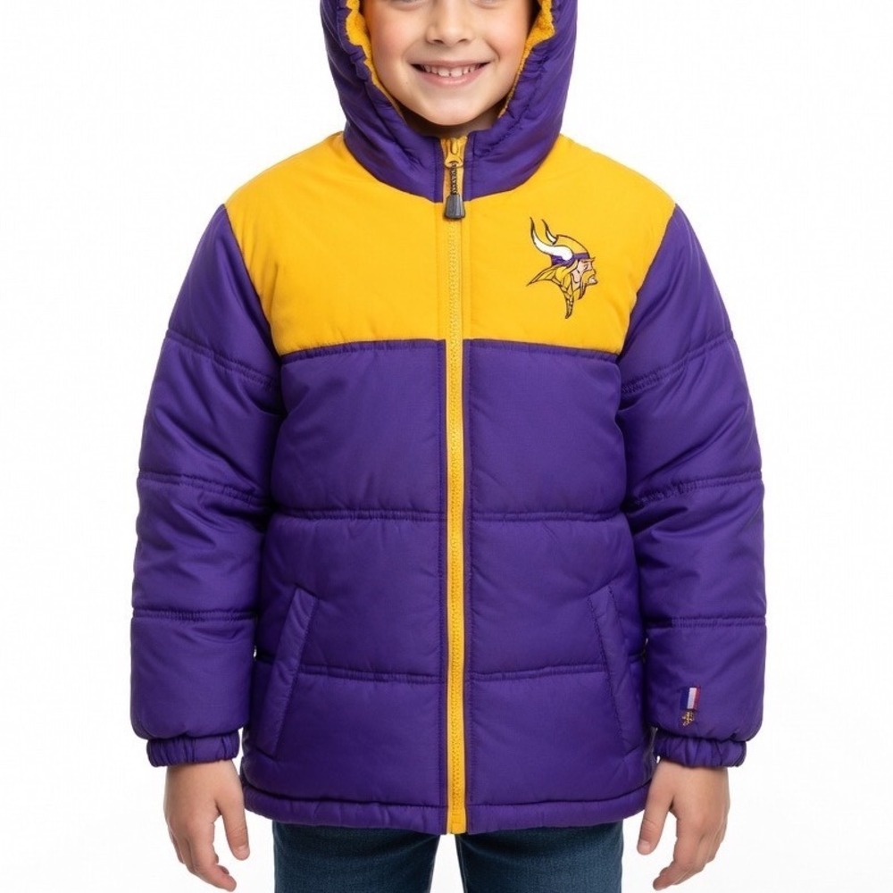 Pro Tuff Minnesota Vikings NFL Puffer‎ Jacket Kids Small 8 Purple Yellow Hooded